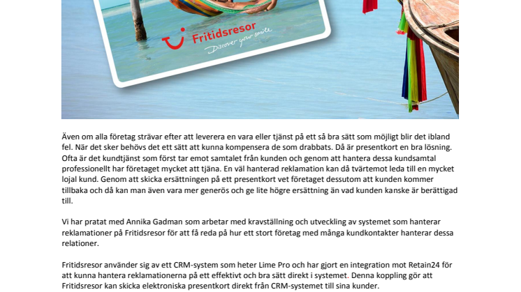 Fritidsresor skickar e-presentkort direkt från CRM-systemet