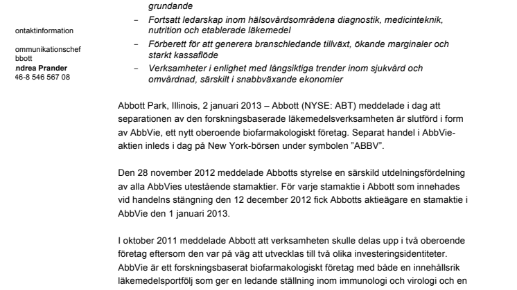 Separationen av Abbotts forskningsbaserade läkemedelsverksamhet slutförd