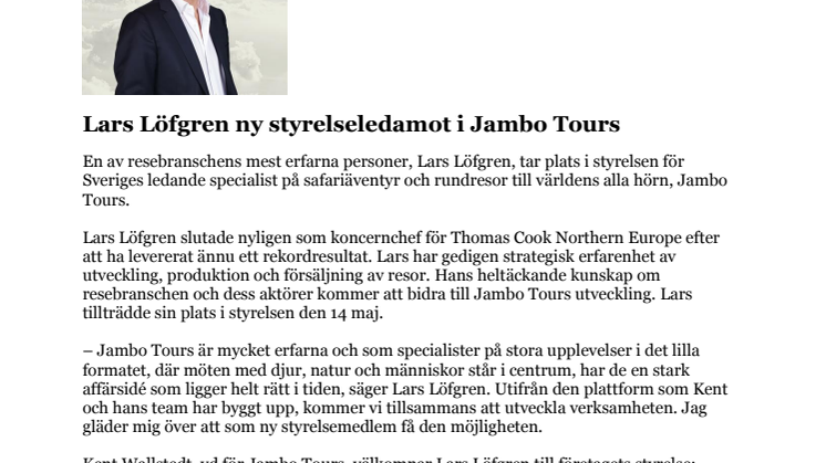 Lars Löfgren ny styrelseledamot i Jambo Tours