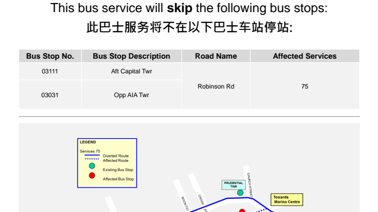 Bus Service 75 to skip two bus stops from 11 to 12 May 2014
