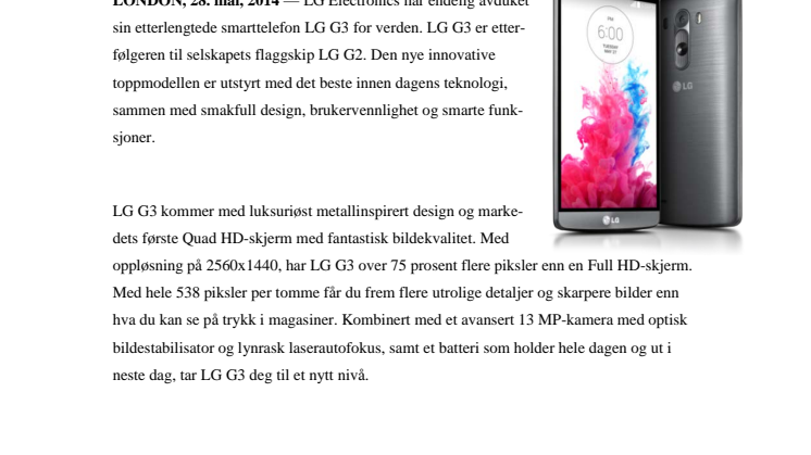 LG LANSERER G3 – VELKOMMEN TIL NESTE NIVÅ INNEN SMARTTELEFONER