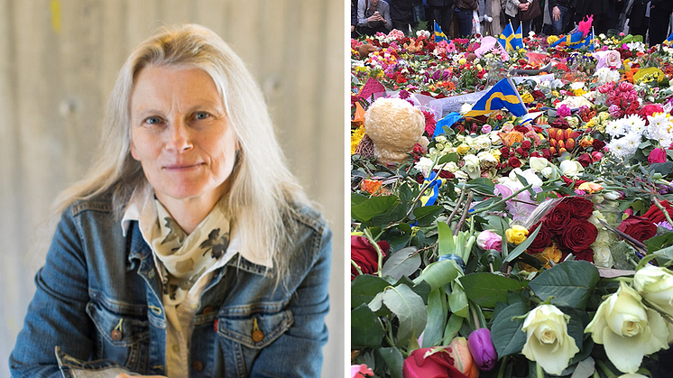Maria Nilsson och kärleksmanifestationen på Sergels torg söndag 9 april 2017. Foto Niklas Björling respektive Maria Nilsson/Stockholms universitet.