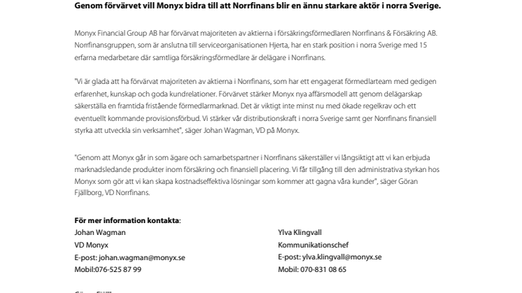 Monyx förvärvar majoriteten i Norrfinans & Försäkring AB