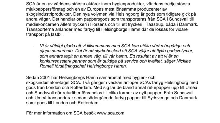 Pappersjätten SCA fördubblar sina godsvolymer via Helsingborgs Hamn