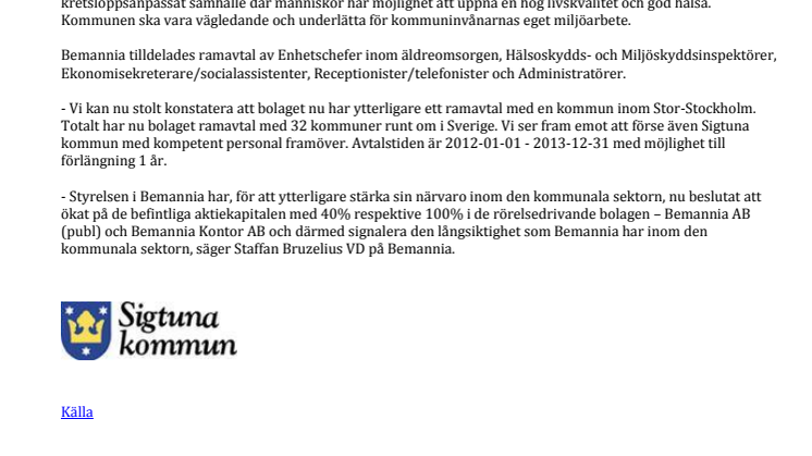 Bemannia tecknar ramavtal med Sigtuna kommun