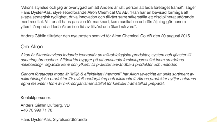 Ett nytt kapitel i framgångshistorien Alron Chemical