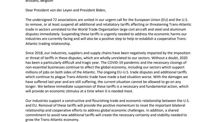 Joint letter to Biden and von der Leyen on tariffs