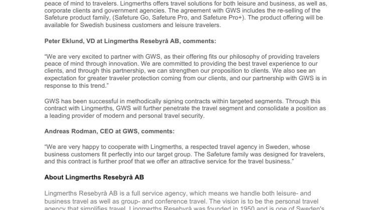 ​GWS signs partnership agreement with Lingmerths Resebyrå AB