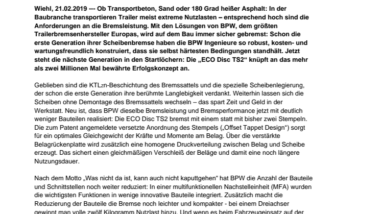 Für den Einsatz auf der Baustelle: robuste Trailerscheibenbremse ECO Disc TS2 von BPW 
