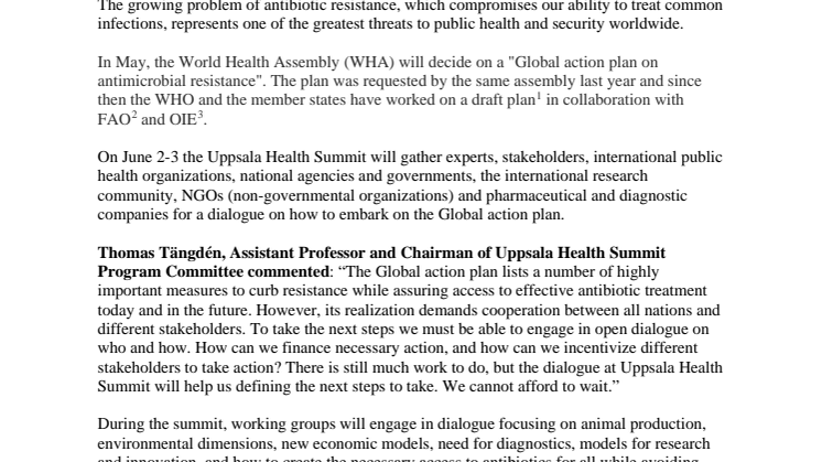 Uppsala Health Summit on Antibiotic Resistance to follow decision by WHO