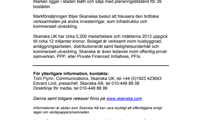 Skanska säljer mark för bostadsutveckling i Bath, Storbritannien, för cirka 89 miljoner kronor