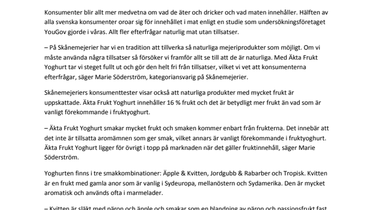 Skånemejerier lanserar ny fruktyoghurt utan tillsatser och med extra mycket frukt