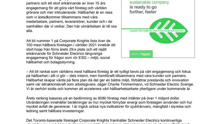 Schneider Electric rankas som världens mest hållbara företag av Corporate Knights