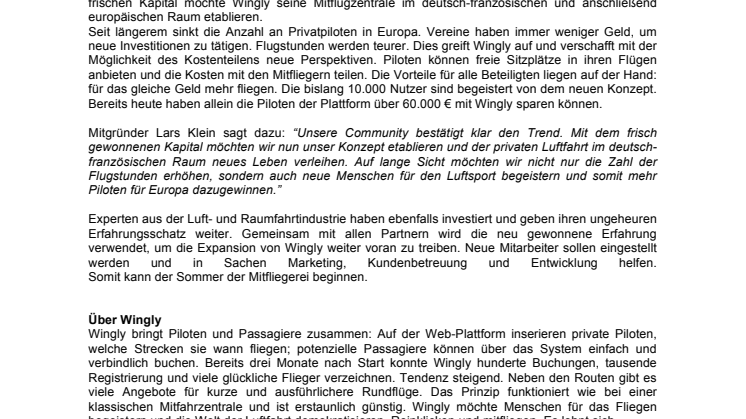 Wingly sammelt Investment zum Ausbau der europäischen Mitflugzentrale ein
