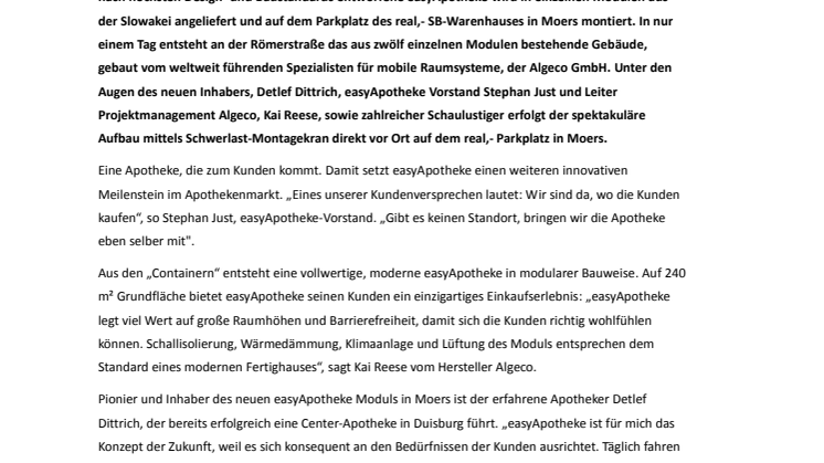 Die „Container-Apotheke“ kommt: easyApotheke Modul in Moers wird montiert 