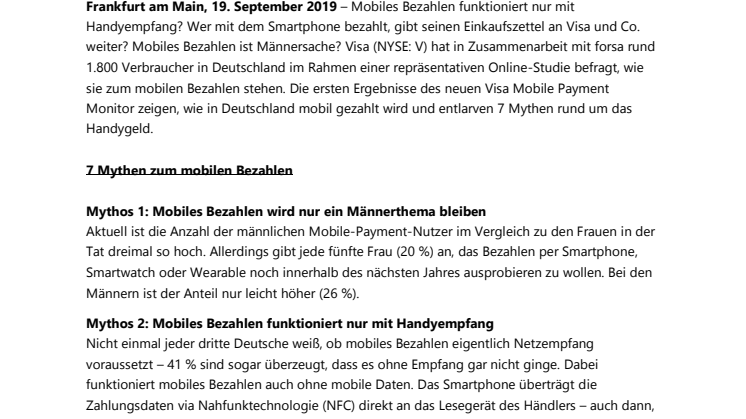 Visa Mobile Payment Monitor 2019: Wie die Deutschen mobil bezahlen und was sie darüber wissen