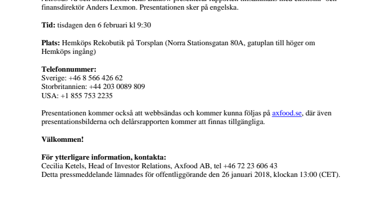 Inbjudan till presentation av Axfoods bokslutskommuniké 2017