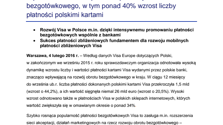 Wyniki roczne Visa: dynamiczny rozwój obrotu bezgotówkowego, w tym ponad 40% wzrost liczby płatności polskimi kartami