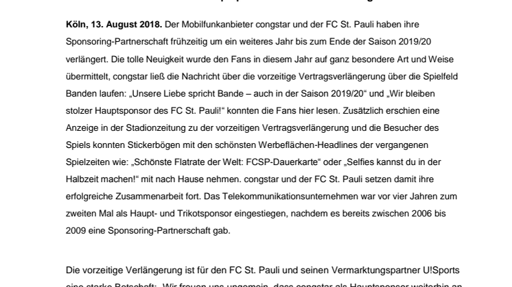 congstar und FC St. Pauli verlängern Sponsoring frühzeitig um ein Jahr