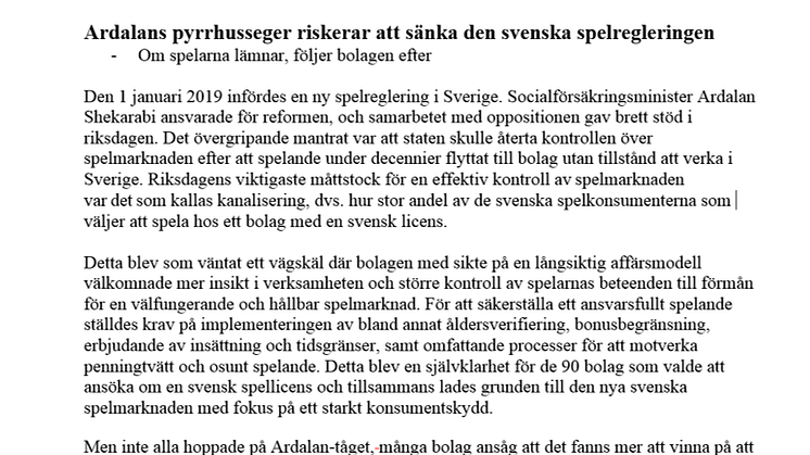 Öppet brev till Socialförsäkringsministern: Ardalans pyrrhusseger riskerar att sänka den svenska spelregleringen