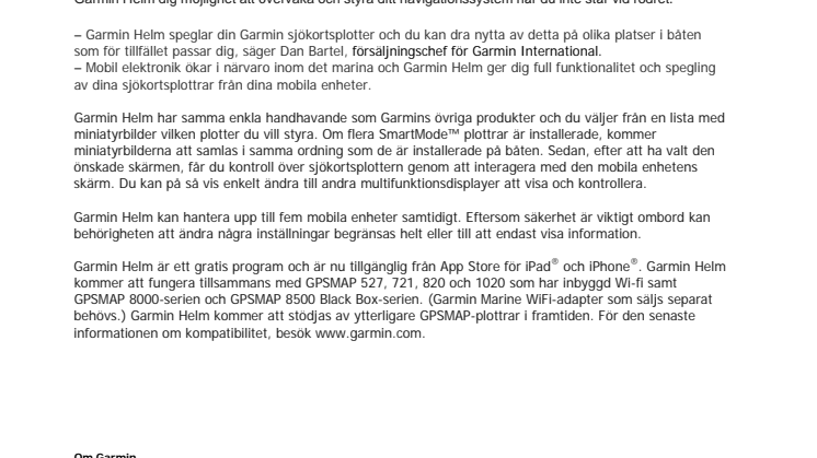 Garmin® Helm™ Mobile App ger plotterövervakning och kontroll