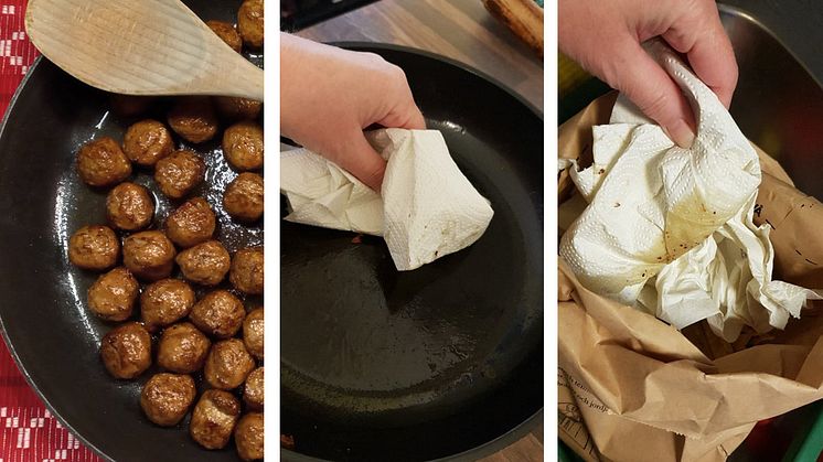 Torka ur stekpannan med hushållspapper och släng pappret i den bruna matavfallspåsen.