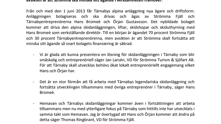 Tärnabys alpina skidanläggning får nya ägare