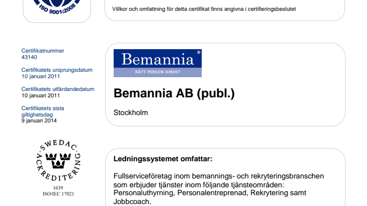 Certifikat ISO 9001:2008 Bemannia AB