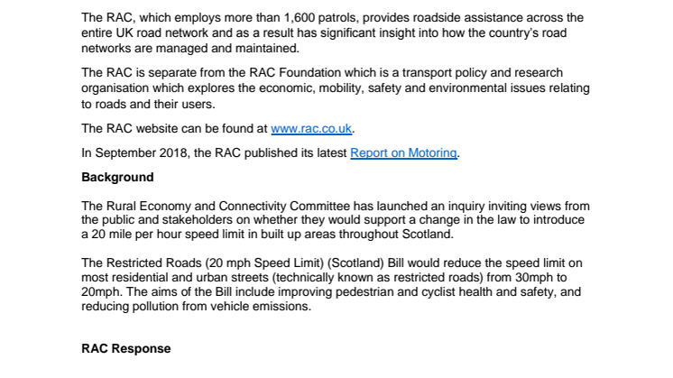 RAC submission to Scottish Rural Economy and Connectivity Committee  inquiry into 20mph roll-out of speed limits