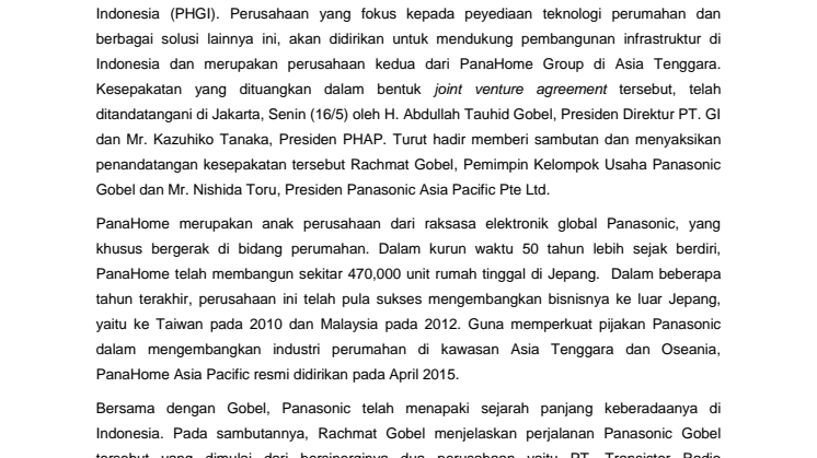 Press Release: PanaHome gandeng Gobel, kembangkan Bisnis Perumahan Pintar di Indonesia