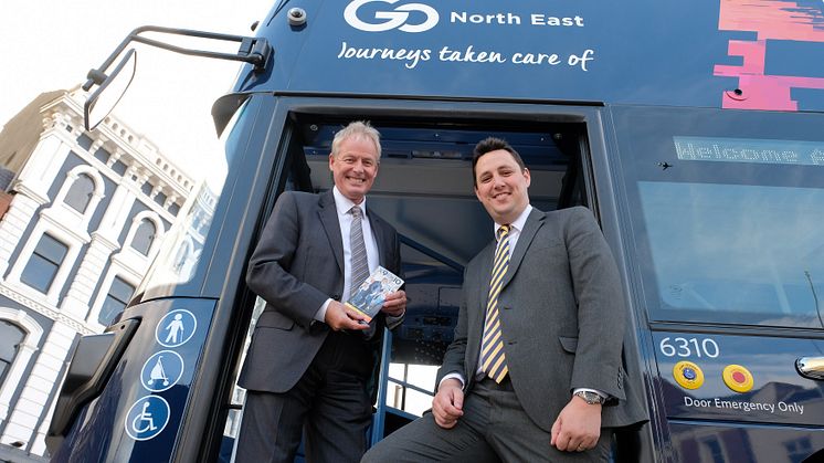 Kevin Carr (left)  shows Tees Valley Mayor Ben Houchen the new X9/X10 bus