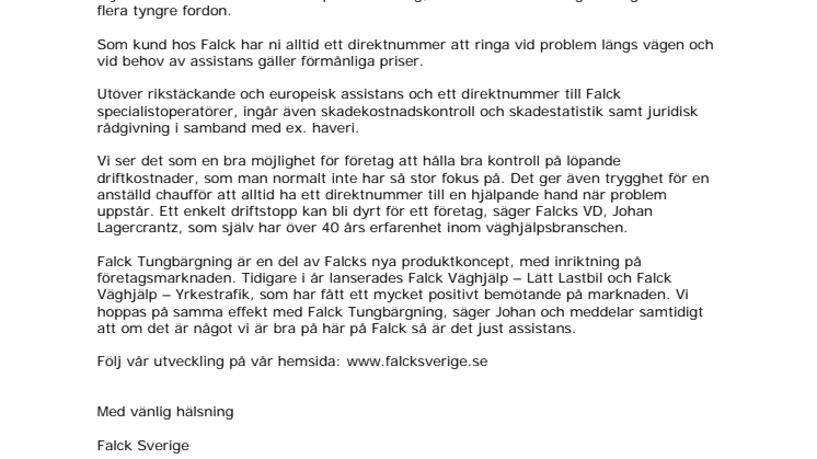 Falck utökar sitt produktsortiment för företag och lanserar nu ett speciellt koncept för Tungbärgning