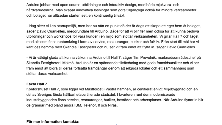 Techbolaget Arduino väljer Hall 7 i Västra Hamnen 