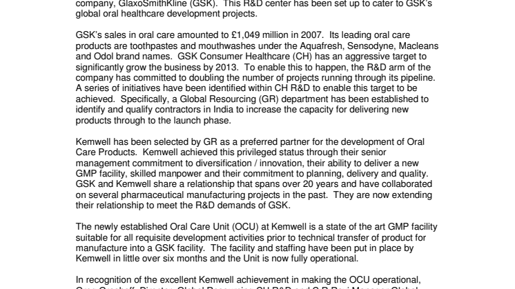 GlaxoSmithKline partners with Kemwell to setup R&D facility in Bangalore, India