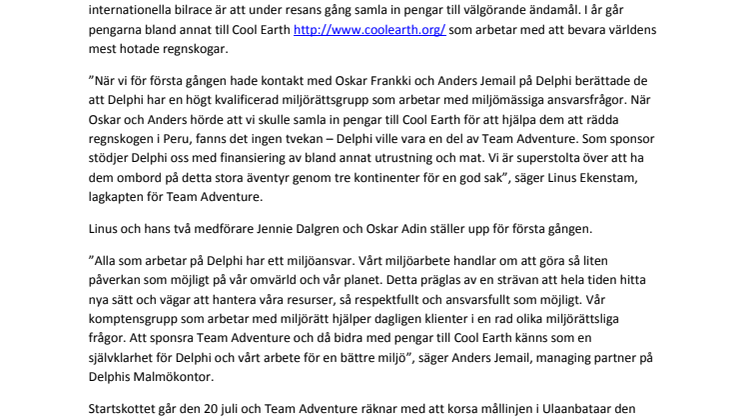 Delphi stolt sponsor till Team Adventure i välgörenhetsevenemanget Mongol Rally
