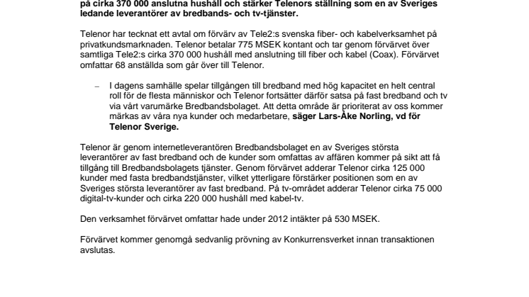 Telenor köper Tele2:s svenska fiber- och kabelverksamhet på privatkundsmarknaden
