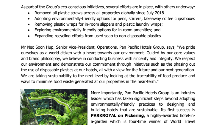 Pan Pacific Hotels Group pledges to remove single-use plastics by 2019