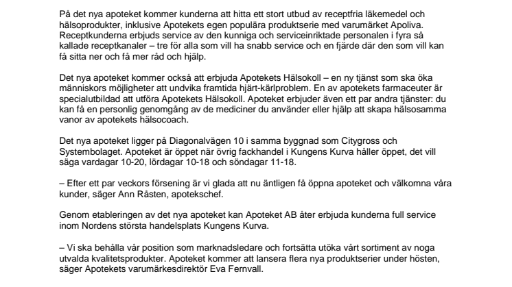 Apoteket AB öppnar stor ny butik i Kungens Kurva