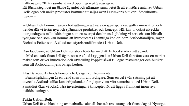 Axfood ökar ägandet i Urban Deli