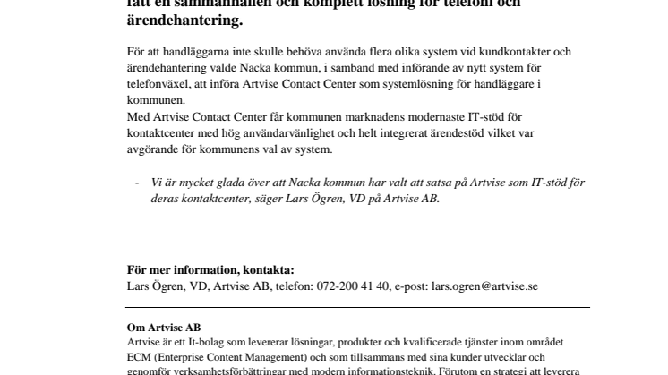Artvise Contact Center till Nacka kommun!