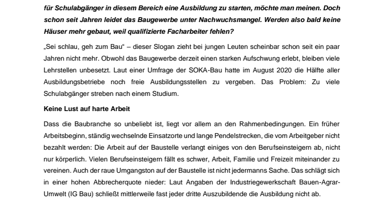 Nachwuchsmangel beim Bau - Wer soll in Zukunft unsere Häuser bauen?