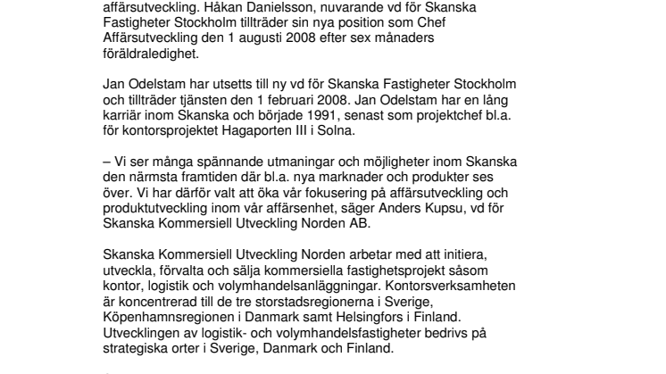 Skanska ökar fokus på affärsutveckling och utser också ny vd för Skanska Fastigheter Stockholm
