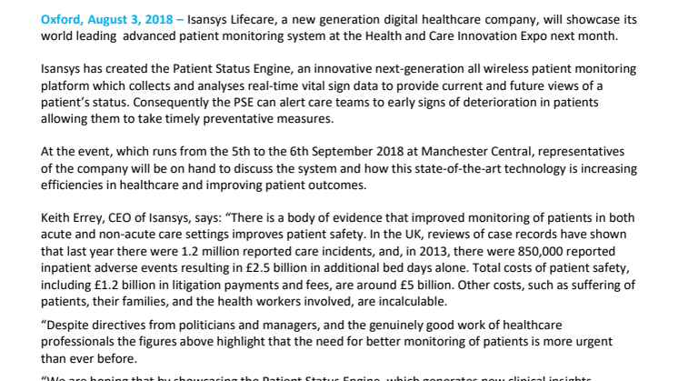 Isansys Lifecare Exhibits at the Health and Care  Innovation Expo 2018