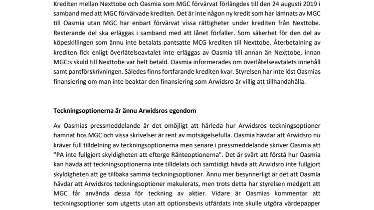 Bemötande av fel i Oasmias pressmeddelande 2018-12-17 