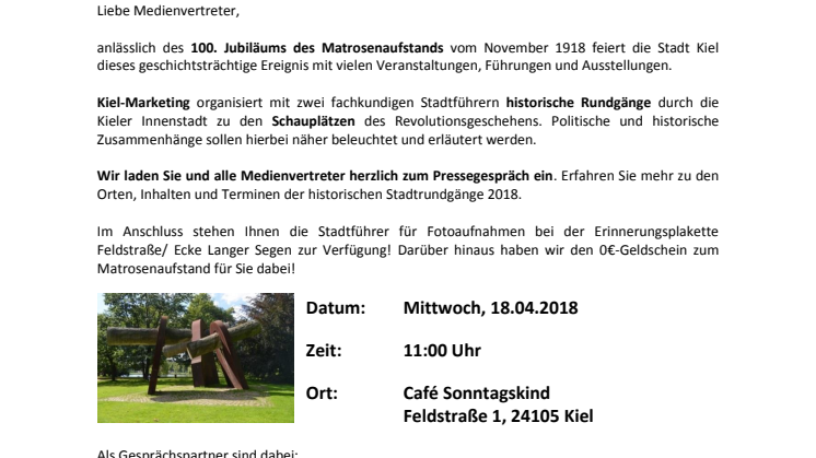 Einladung zum Pressetermin: Matrosenaufstand in Kiel - Stadtführungen und Souvenir