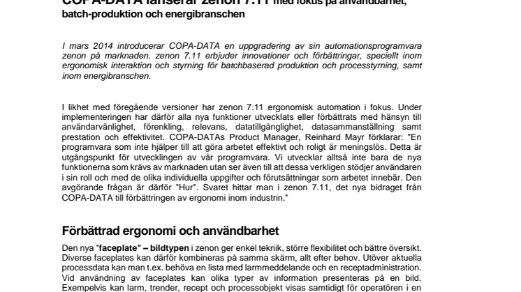 COPA-DATA lanserar zenon 7.11 med fokus på användbarhet, batch-produktion och energibranschen
