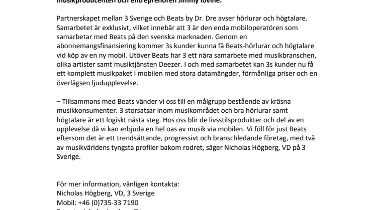 3 Sverige inleder samarbete med Beats by Dr. Dre