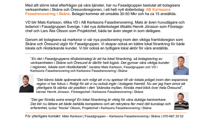 Fasadgruppen bolagiserar Karlssons Fasadrenovering i Skåne