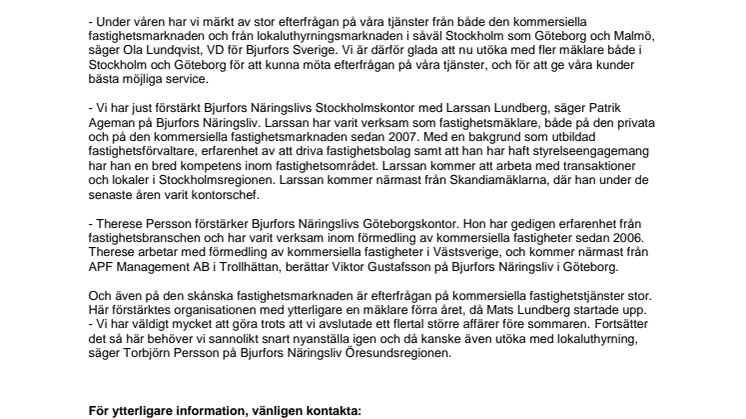 Bjurfors Näringsliv förstärker i Stockholm och Göteborg