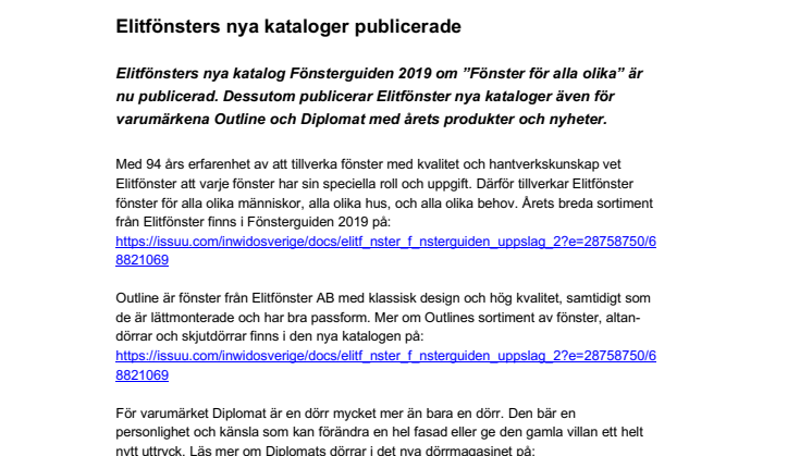 Elitfönsters nya kataloger publicerade